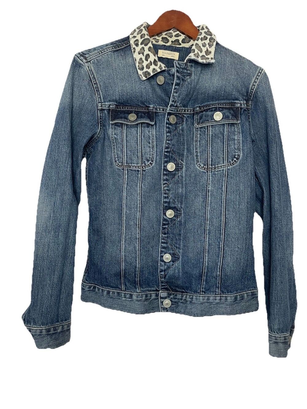 AllSaints Women's Small Blue Jean Denim Jacket Animal Print Corduroy Collar